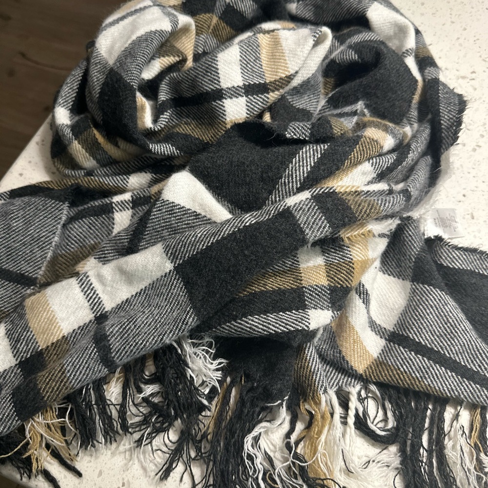 Cream, White and Black Large Plaid Blanket Scarf